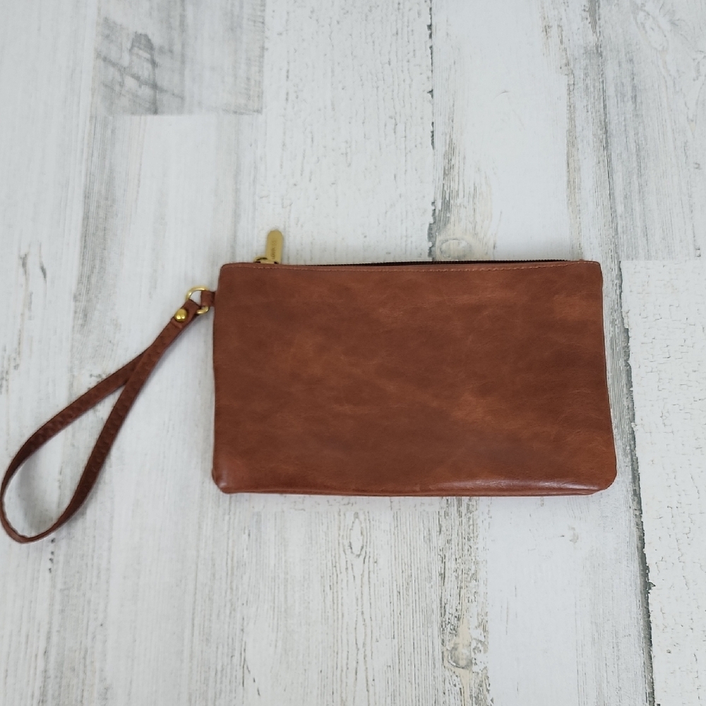 Lovevook Brown Faux Leather Wristlet Clutch Makeup Bag Wrist Strap Zipper Close